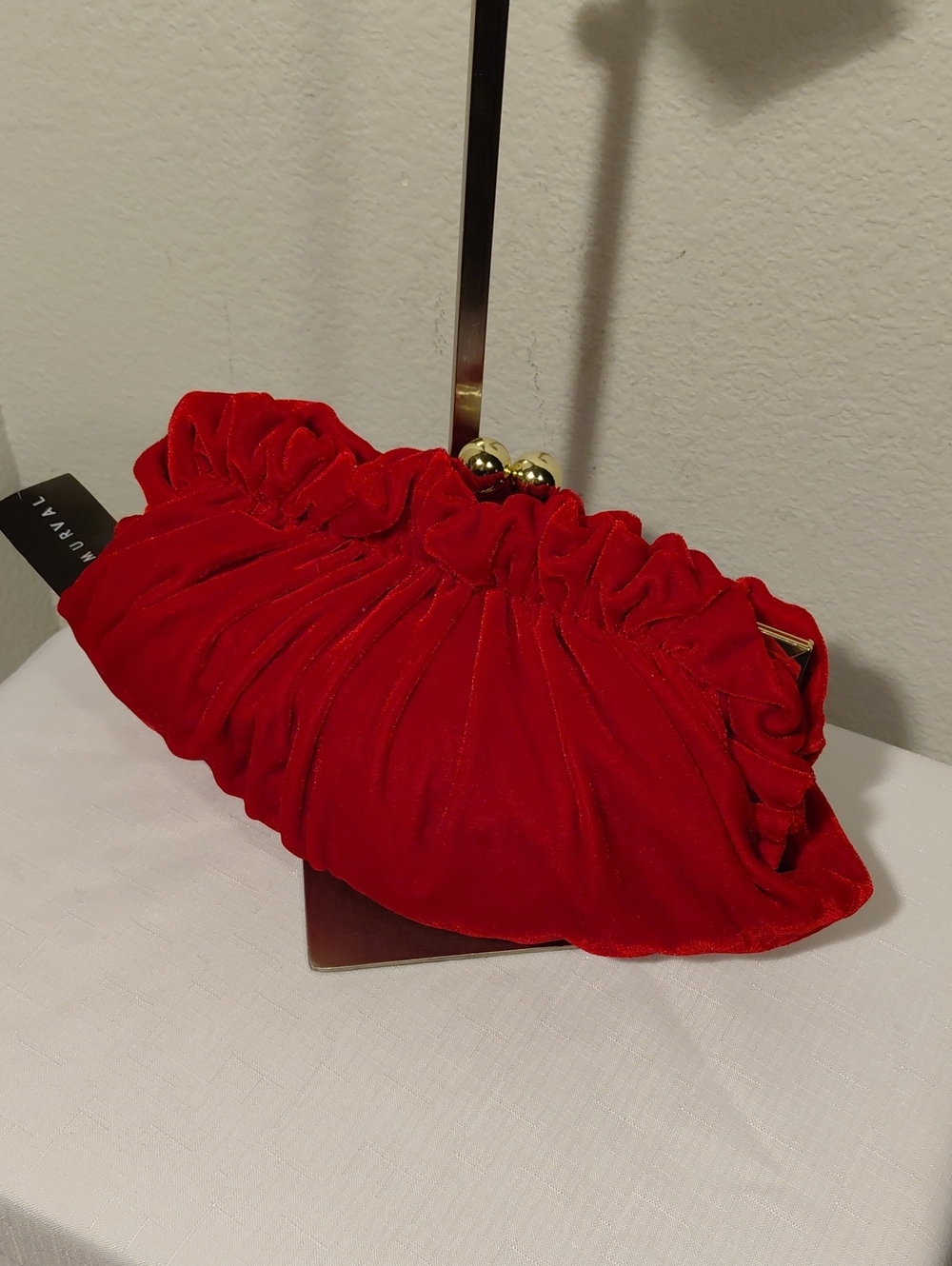 Murval Red Velvet Ruffled Clutch Bag